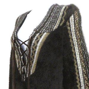 Aa Hoodie Sweater Lace Up Native Faux Fur Brown Tie Front Super Soft Side Vent M